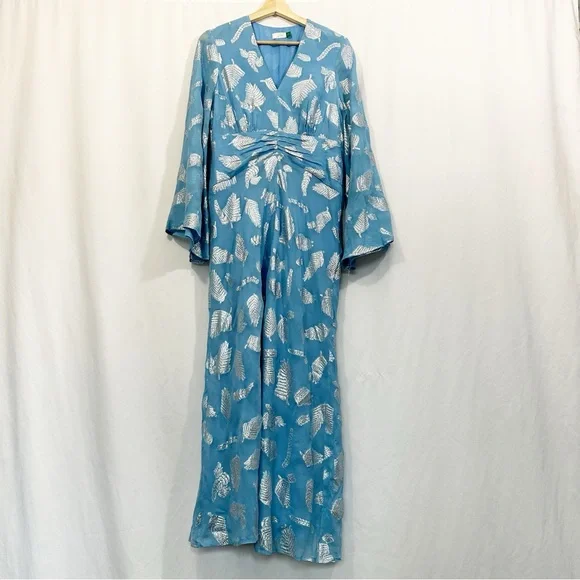 RIXO London Indra Long Bell Sleeve Metallic Print Midi Maxi Dress in Blue - Picture 5 of 14